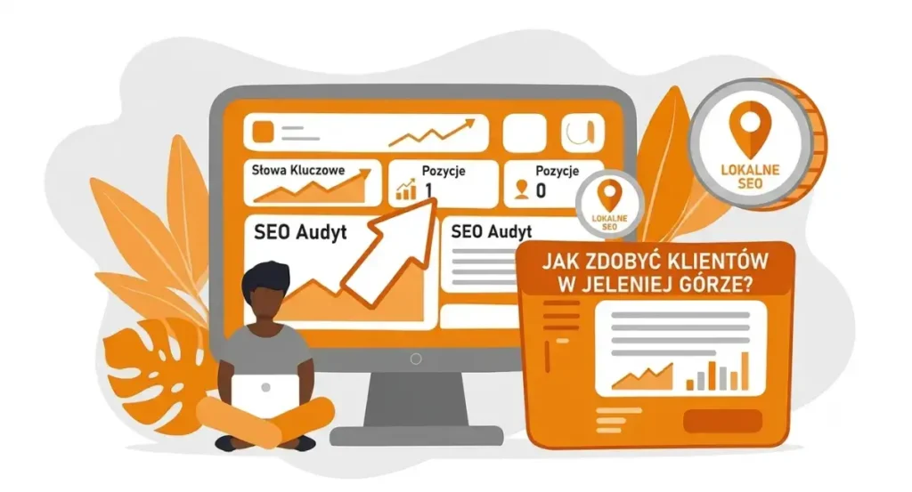 Ilustracja przedstawiająca monitor z wynikami audytu SEO, pozycjami fraz kluczowych oraz pinezkami lokalnego SEO i napisem Jak zdobyć klientów w Jeleniej Górze.