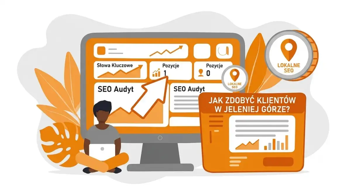 Ilustracja przedstawiająca monitor z wynikami audytu SEO, pozycjami fraz kluczowych oraz pinezkami lokalnego SEO i napisem Jak zdobyć klientów w Jeleniej Górze.