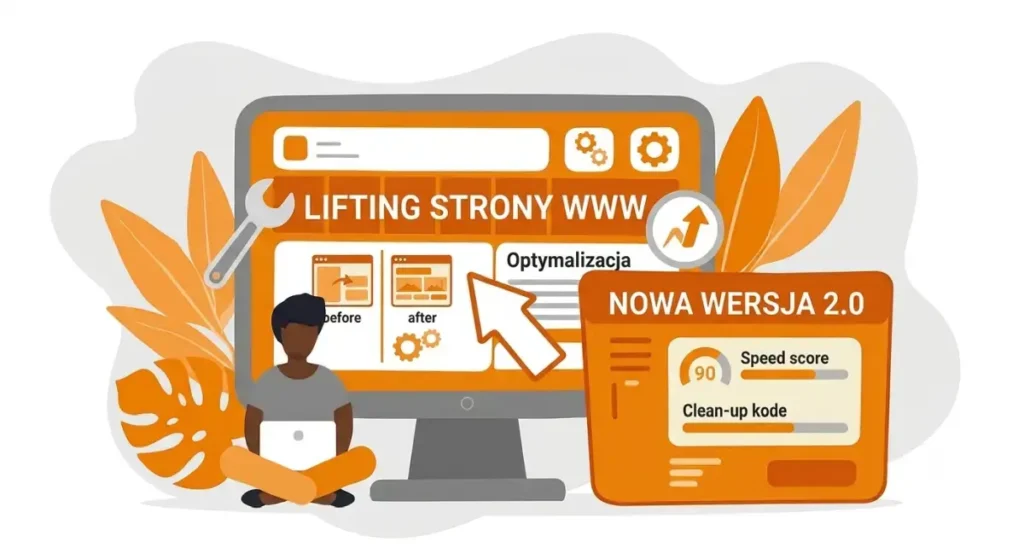 Ilustracja w stylu SPD przedstawiająca naprawę, modernizację i przebudowę strony internetowej z widocznymi ikonami narzędzi oraz napisem Lifting strony WWW.
