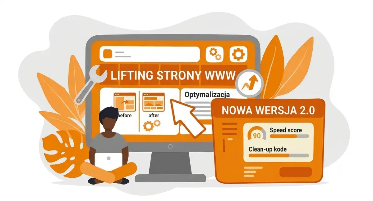 Ilustracja w stylu SPD przedstawiająca naprawę, modernizację i przebudowę strony internetowej z widocznymi ikonami narzędzi oraz napisem Lifting strony WWW.