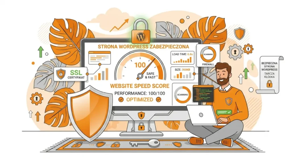 Ilustracja przedstawiająca bezpieczny system WordPress – opieka i administracja stron internetowych Jelenia Góra.