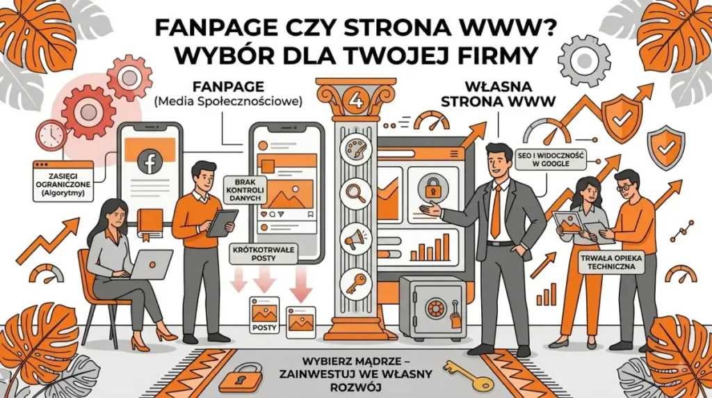 Grafika porównująca fanpage na Facebooku z własną stroną internetową – kontrola wizerunku, SEO i zaufanie