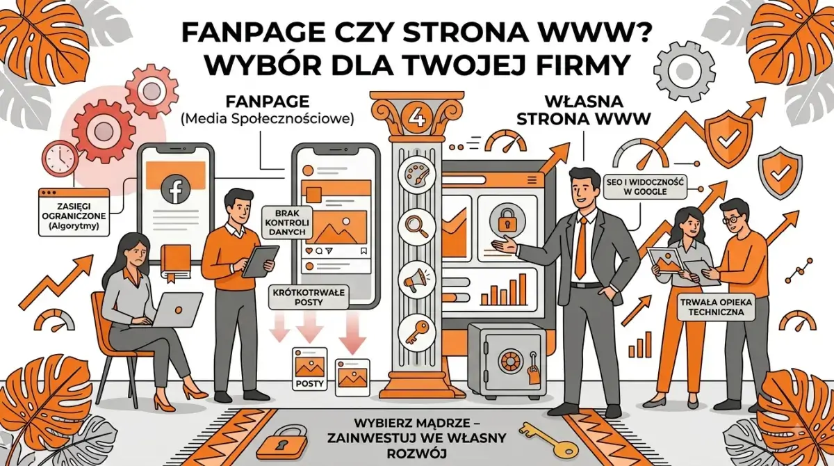 Grafika porównująca fanpage na Facebooku z własną stroną internetową – kontrola wizerunku, SEO i zaufanie