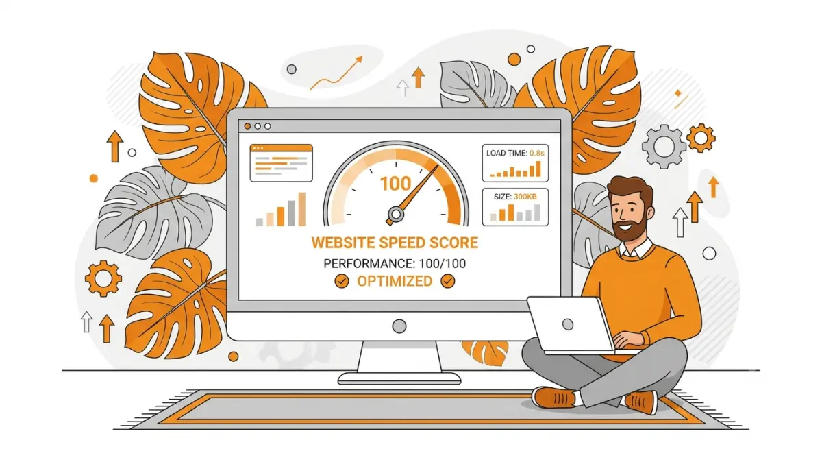 Ilustracja przedstawiająca optymalizację szybkości strony WWW i WordPressa, ze wskaźnikiem wydajności 100% na ekranie monitora oraz napisem Speed score